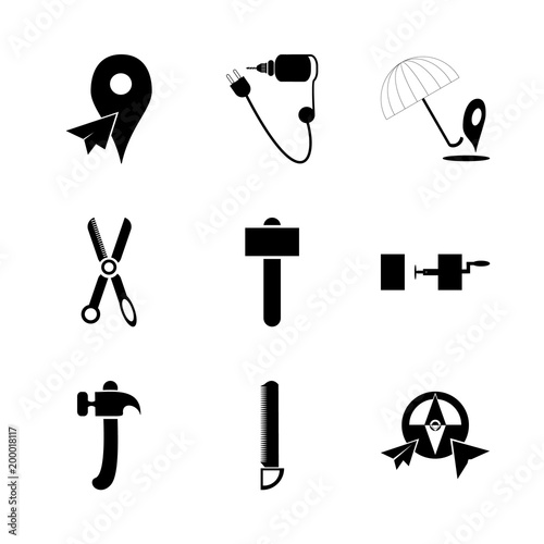 icon Instruments And Tools with fire hose, electricity, hair, tools and capentering