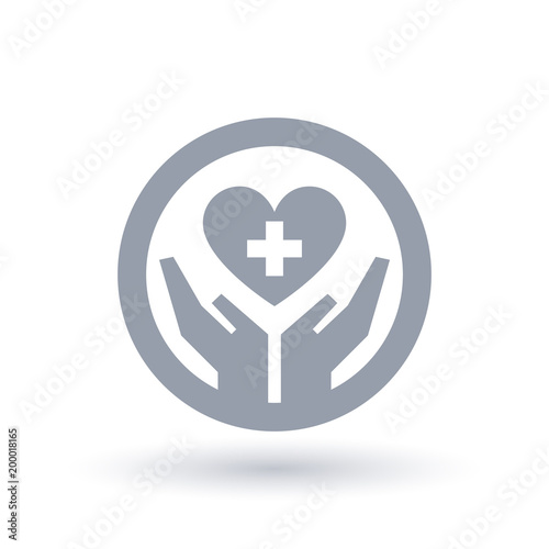 Hands hold heart with medical cross icon in circle outline. Healthcare symbol. Hospital health plan sign. Vector illustration.