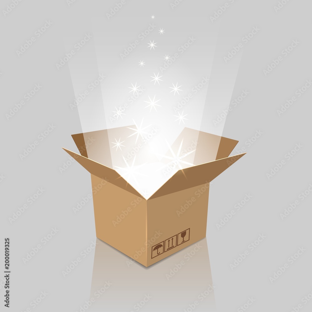 Surprise box. Empty magic opened box with present for birthday, anniversary or holiday party, vector illustration - obrazy, fototapety, plakaty 