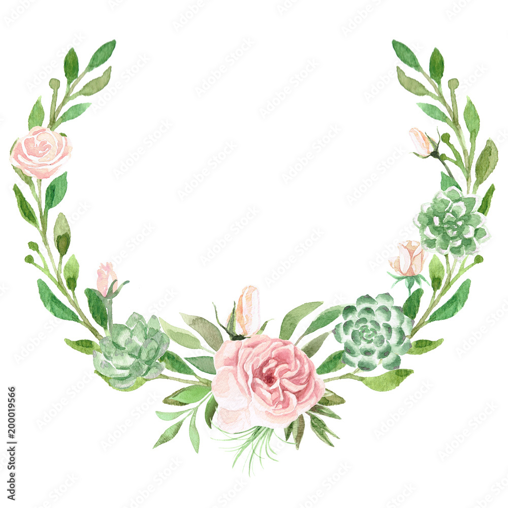 Watercolor Greenery, Rose & Succulent Wreath Stock Illustration | Adobe ...