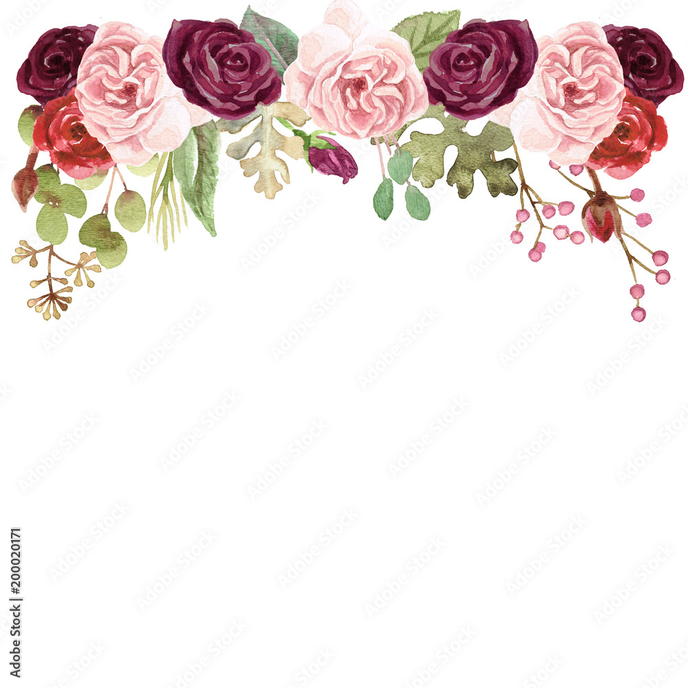 Watercolor Marsala Roses bouquet drop frame ilustración de Stock | Adobe  Stock
