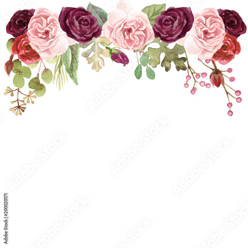 Watercolor Marsala Roses bouquet drop frame