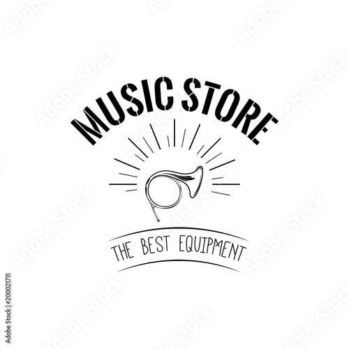 Horn. Music store logo. Music shop label. Wind Musical Instrument. Vector.