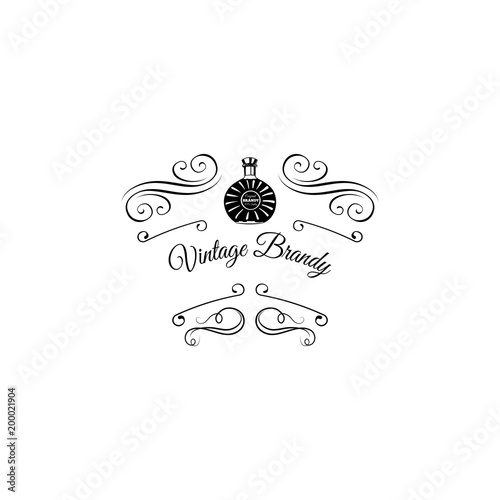 Brandy bootle icon. Alcoholic beverage. Alcohol menu design. Swirls, decorations. Vector.