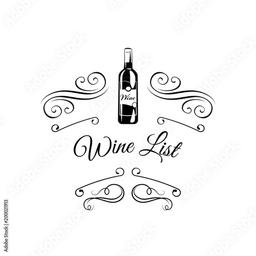 Wine list. Wine bottle. Alcohol menu design. Decoration, Swirls, ornate frames. Vector illustration.