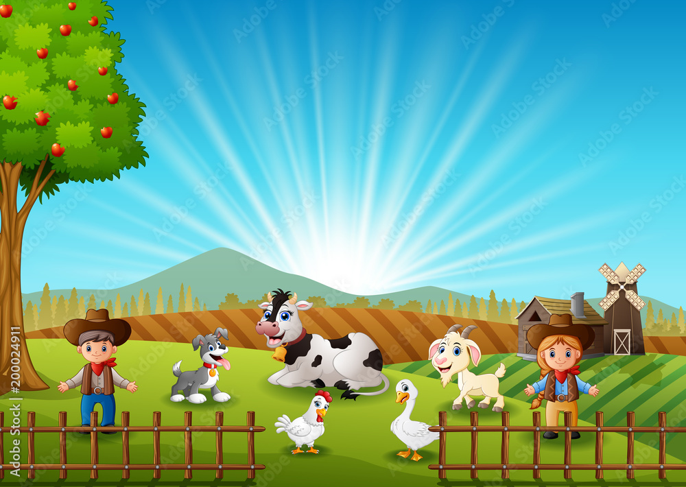 The cowboy and cowgirl at the farm with animals on the morning The cowboy and cowgirl at the farm with animals on the morning