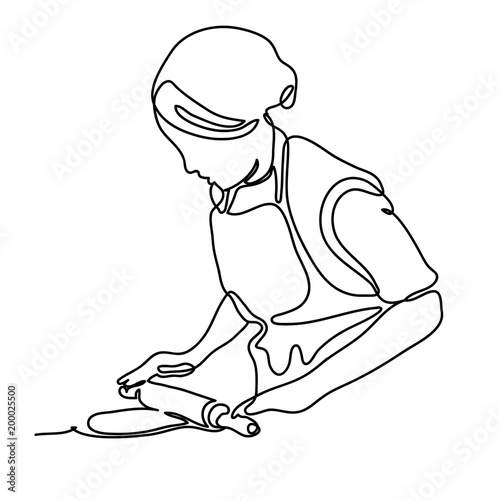 Woman rolling dough with rolling pin. Continuous line drawing. Isolated on the white background. Vector monochrome, drawing by lines.