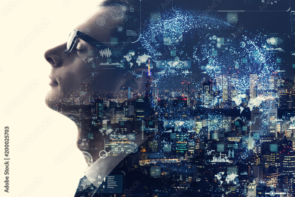 Double exposure of smart city and silhouette of businessman Double exposure of smart city and silhouette of businessman