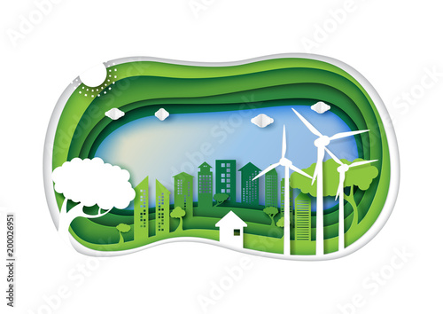 Green eco friendly urban city with 3d paper layer cut abstract nature background.Ecology and environment conservation concept design paper art style.Vector illustration.