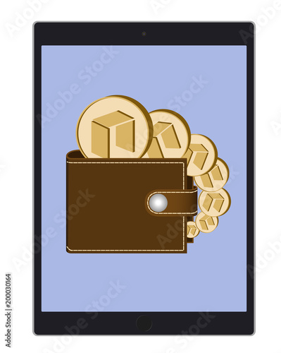 wallet with neo coins on a tablet screen 