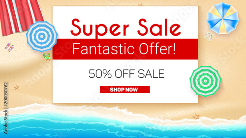 Poster of Summer sales on seashore backdrop. Get up to fifty percent discount, special offer. Beach umbrellas, golden sand, slippers and starfish on backdrop. Ad for shopping events, 3D illustration.