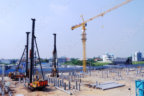 Top view pile bore machine. Bore pile rig machine at the construction site in. The machine used to driven pile for building foundation work. new building at construction site.