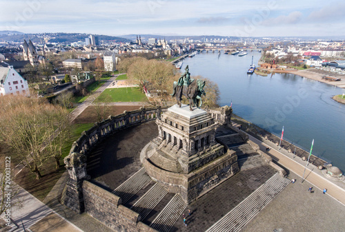 Koblenz City Germany historic monument German Corner where the rivers rhine and mosele flow together on a sunny day