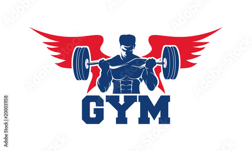 Fitness logo badge with muscle man, Gymnastic logo template vector, Body Build logo badge