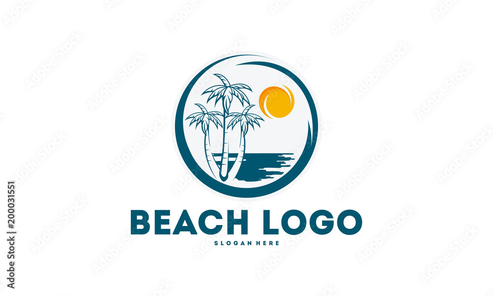 Badge logo of Palm Tree With ocean wave logo template vector, Travel logo template, Beach icon