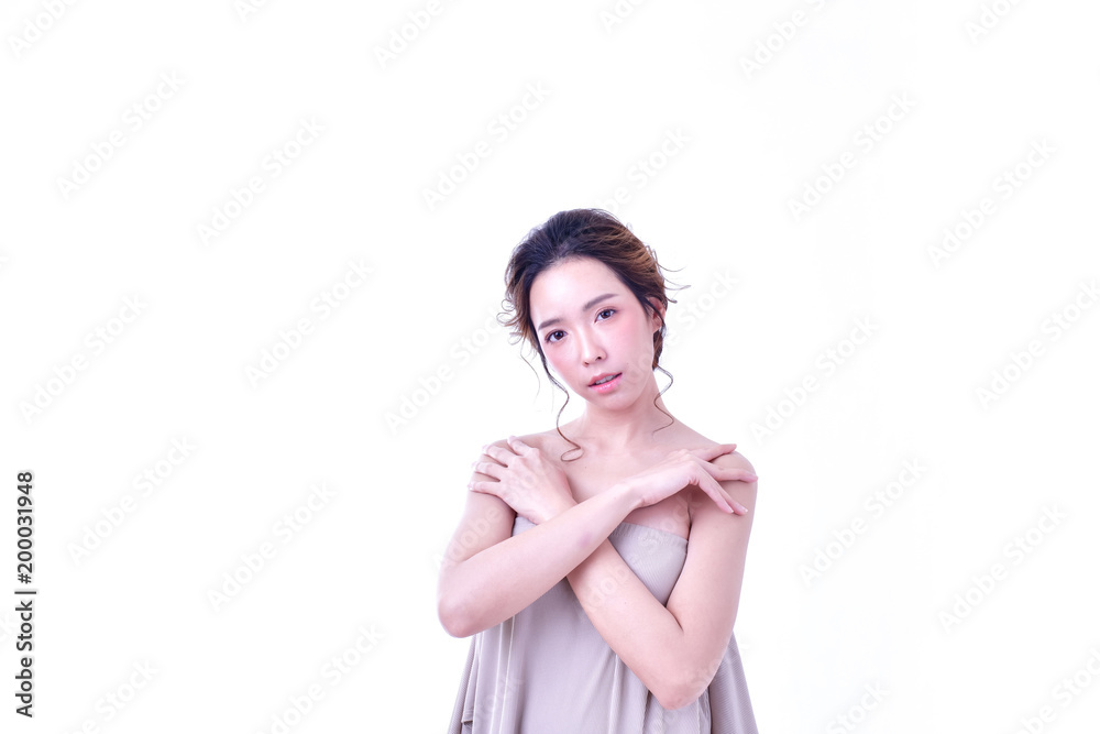 The concept of healthy beautiful woman. Beautiful women keep healthy. Beautiful women take care of skin health. Beautiful girl on white background The concept of healthy beautiful woman. Beautiful women keep healthy. Beautiful women take care of skin health. Beautiful girl on white background