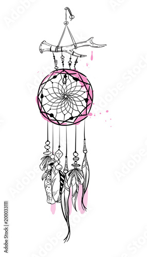 Vector illustration with hand drawn dream catcher with pink accents. Feathers and beads.
