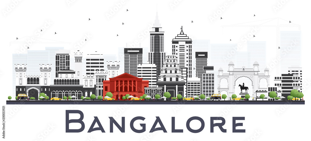 Bangalore India City Skyline with Gray Buildings Isolated on White.