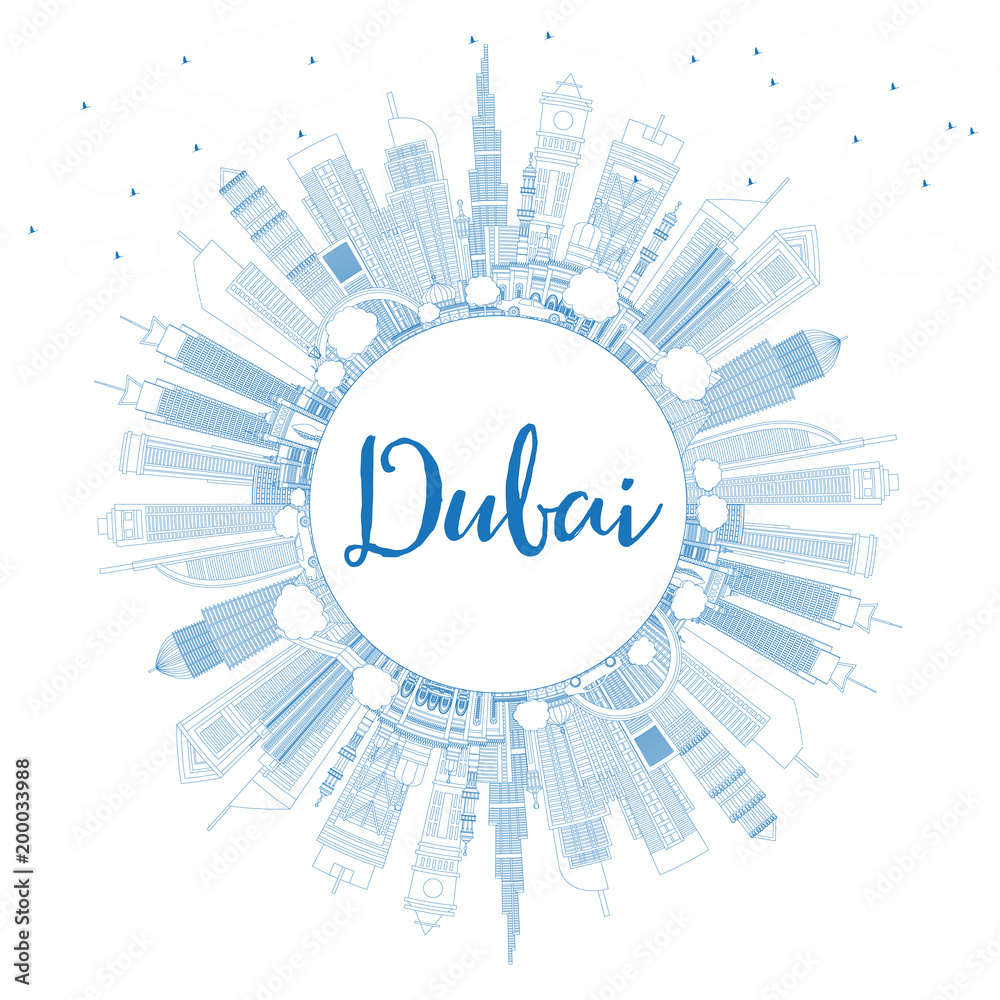 Fototapeta premium Outline Dubai UAE City Skyline with Blue Buildings and Copy Space.