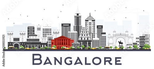 Bangalore India City Skyline with Gray Buildings Isolated on White.