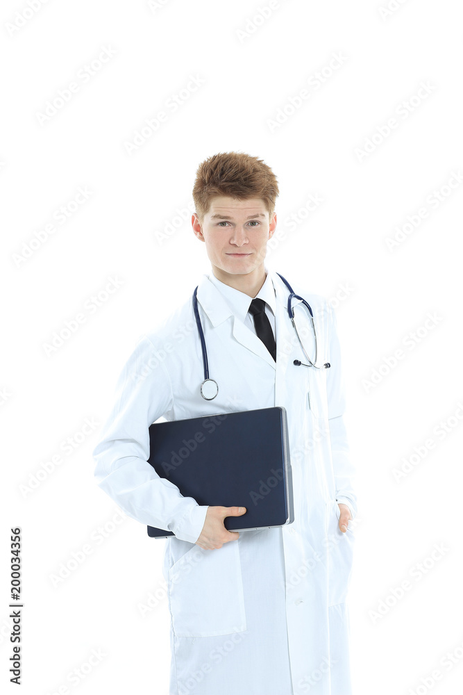 young therapist with a laptop.isolated on a white background young therapist with a laptop.isolated on a white background