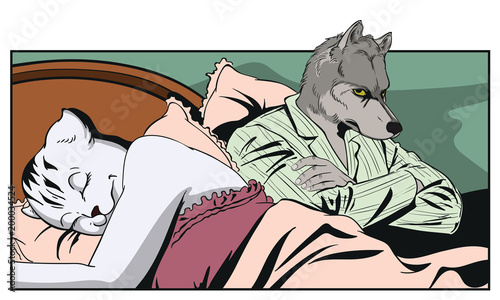 Man next to a sleeping woman. Pussycat and offended wolf. People in images of animals.
