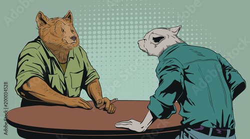Men are arguing. Bear and wolf. People in images of animals.