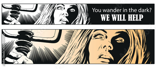 Frightened woman in dark. Stock illustration.