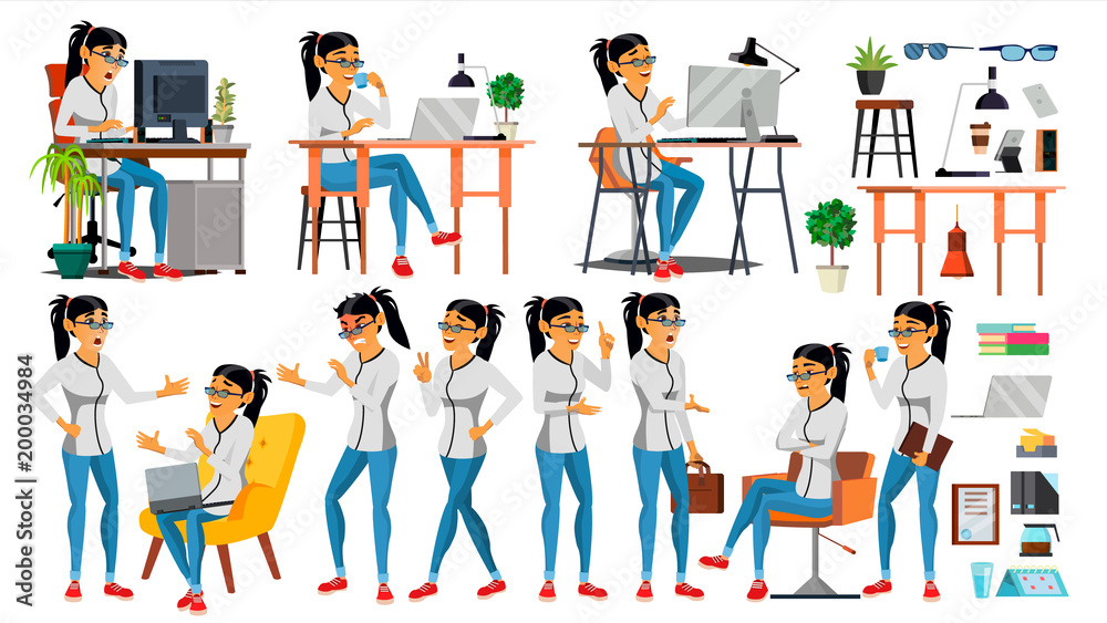 Business Woman Character Vector. Working Asian People Girl Set. Office, Creative Studio. Asiatic. Business Situation. Software Development. Programmer. Poses, Emotions. Cartoon Character Illustration