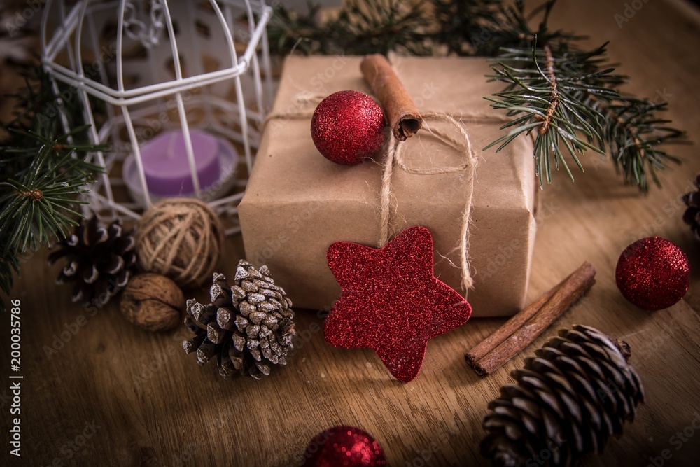 .box with gift on Christmas background . retro style .box with gift on Christmas background . retro style
