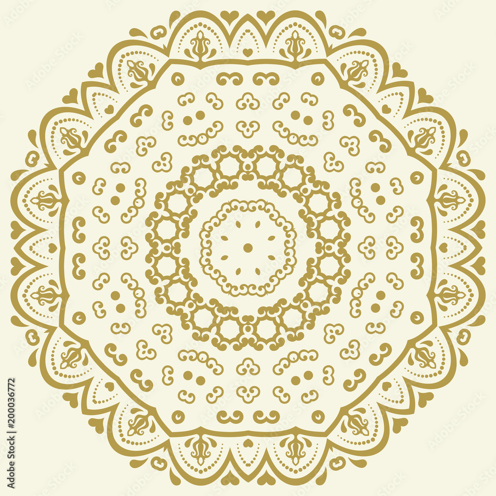 Oriental vector pattern with golden round arabesques and floral elements. Traditional classic ornament. Vintage pattern with arabesques