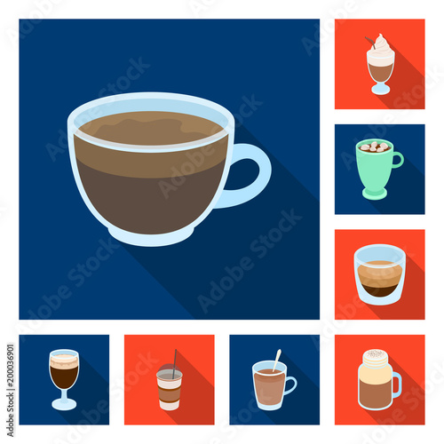 Different kinds of coffee flat icons in set collection for design. Coffee drink vector symbol stock web illustration.