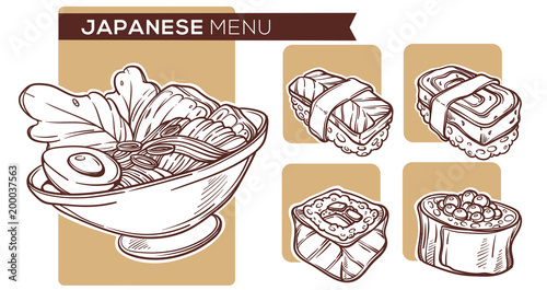 Japanese Food Hand Drawn Sketches,  For Your Noodle And Sushi Menu