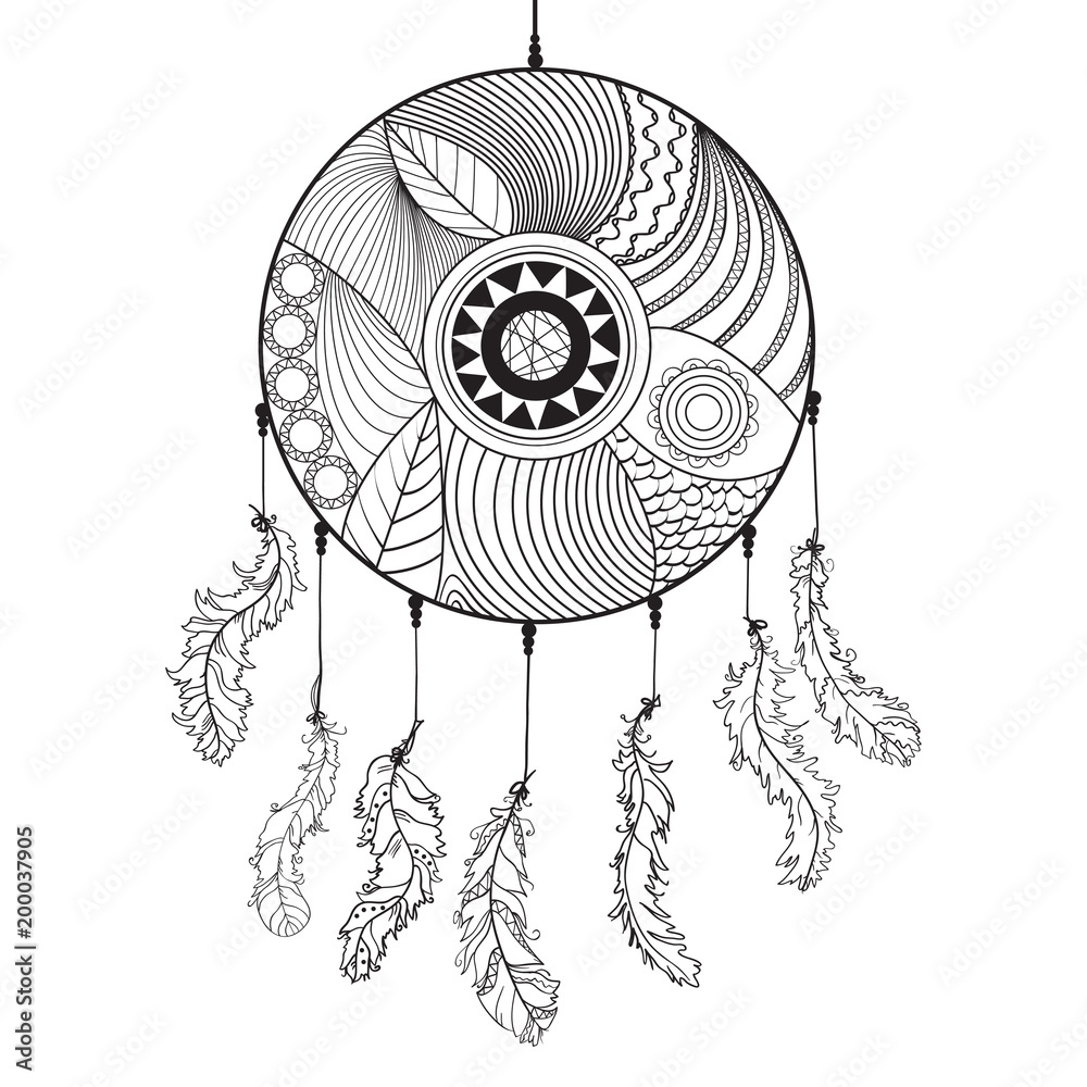 Obraz premium Dreamcatcher. Zentangle. Feathers. Abstract mystic symbol. American indians symbol. Zen art. Design for spiritual relaxation for adults. Line art creation. Black and white illustration for coloring