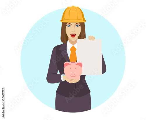 Businesswoman holding a piggy bank and paper