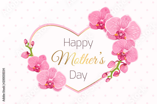 Happy Mothers Day greeting card template. Exotic bright pink purple orchid phalaenopsis flowers foliage garland. Decorated heart shape frame. Shiny golden text placeholder. Polka dot background.