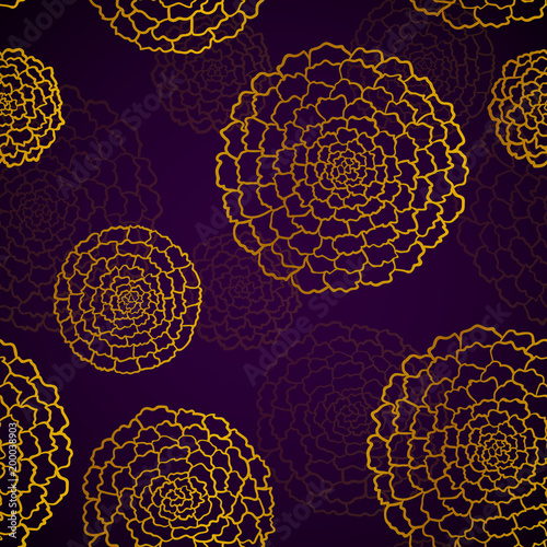 Seamless dark violet pattern with golden marigolds