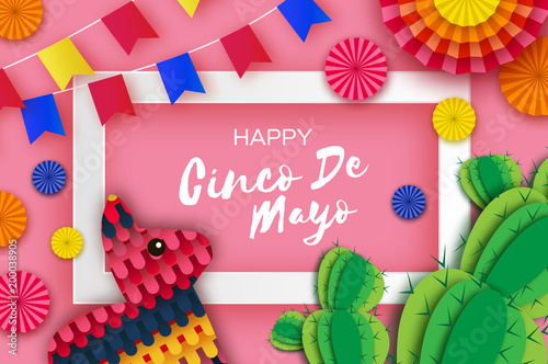Happy Cinco de Mayo Greeting card. Colorful Paper Fan, Flags, Funny Pinata and Cactus in paper cut style. Origami Sombrero hat. Mexico, Carnival. Recangle frame on sky pink. Space for text.