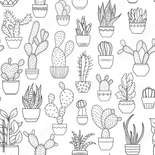 Potted houseplants seamless pattern texture. Exotic cactus succulent flowers species. Black outline sketch doodle drawing on white background. Vector design illustration for textile, fabric, fashion.