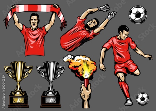 Set of soccer elements and players