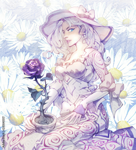 Hand drawn romantic illustration of a beautiful and elegant blond woman portrait with a purple rose in a pot