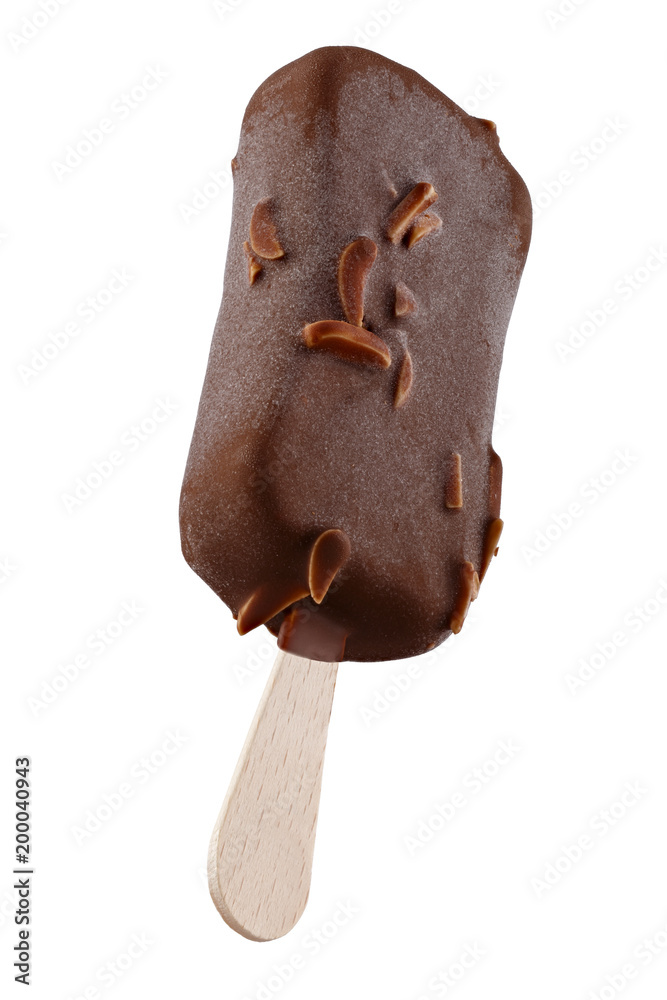 Obraz premium Ice cream in chocolate glaze with nuts on a wooden stick. Sweet dessert for the summer is photographed close-up. Isolated 