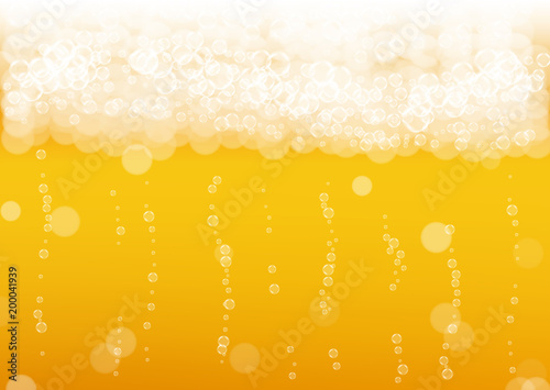 Beer background with realistic bubbles. Cool beverage for restaurant menu design, banners and flyers. Yellow horizontal beer background with white frothy foam. Cold pint of golden lager or ale.