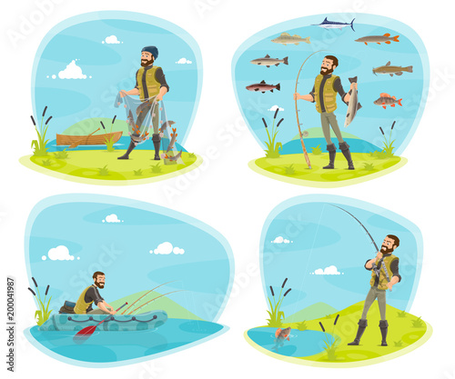Fishing sport icon of fisherman with fish