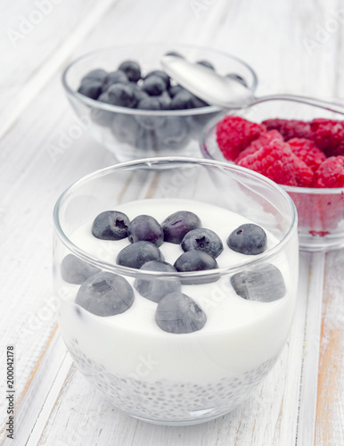 glass of yogurt with blueberries and chia
