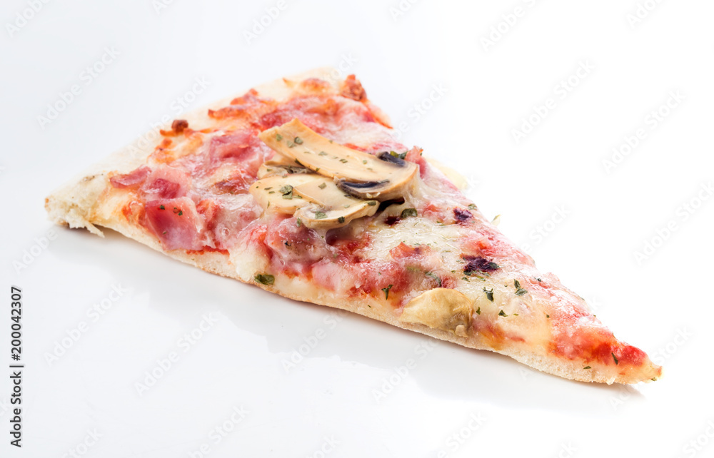 portion of mushroom pizza isolated on white