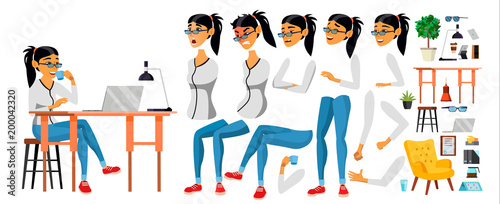Business Woman Character Vector. Working Asian Female. Business Start Up. Modern Office. Coding, Software Development. Programmer. Animation Set. Asiatic Face Emotions. Cartoon Illustration