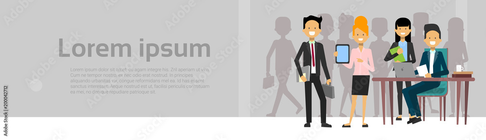 Team Of Business People Brainstorming Meeting With Businessman Working On Laptop Computer Over Background With Copy Space Horizontal Banner Flat Vector Illustration Team Of Business People Brainstorming Meeting With Businessman Working On Laptop Computer Over Background With Copy Space Horizontal Banner Flat Vector Illustration