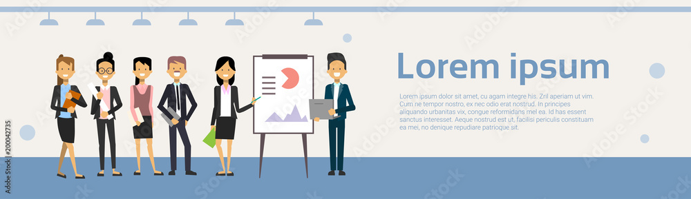 Group Of Business People Leading Presentation, Training Or Conference Report Standing Over Data On Flip Chart Flat Vector Illustration Group Of Business People Leading Presentation, Training Or Conference Report Standing Over Data On Flip Chart Flat Vector Illustration