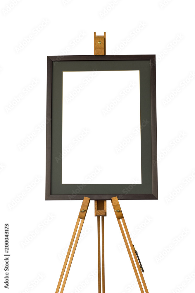 Wooden stand and black photo frame on white background Wooden stand and black photo frame on white background